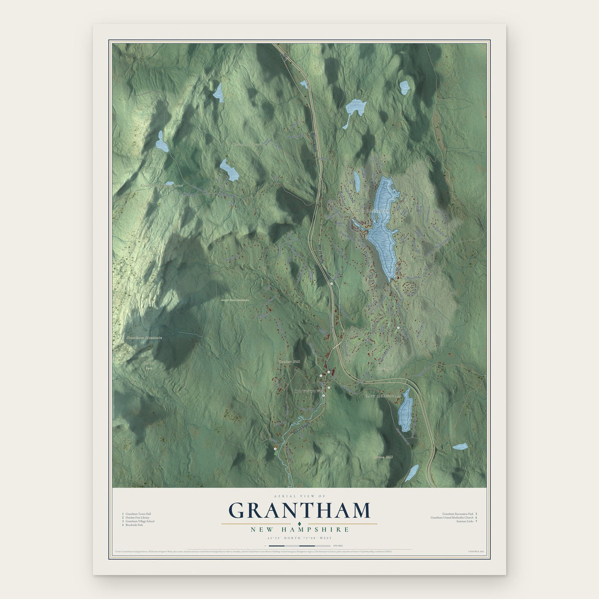 Grantham, New Hampshire map print, the full design