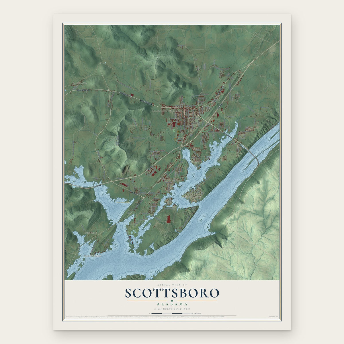 Scottsboro, Alabama map print, the full design