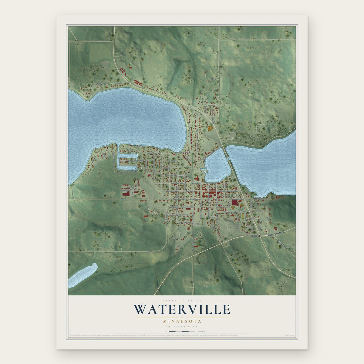Waterville, Minnesota map print, the full design