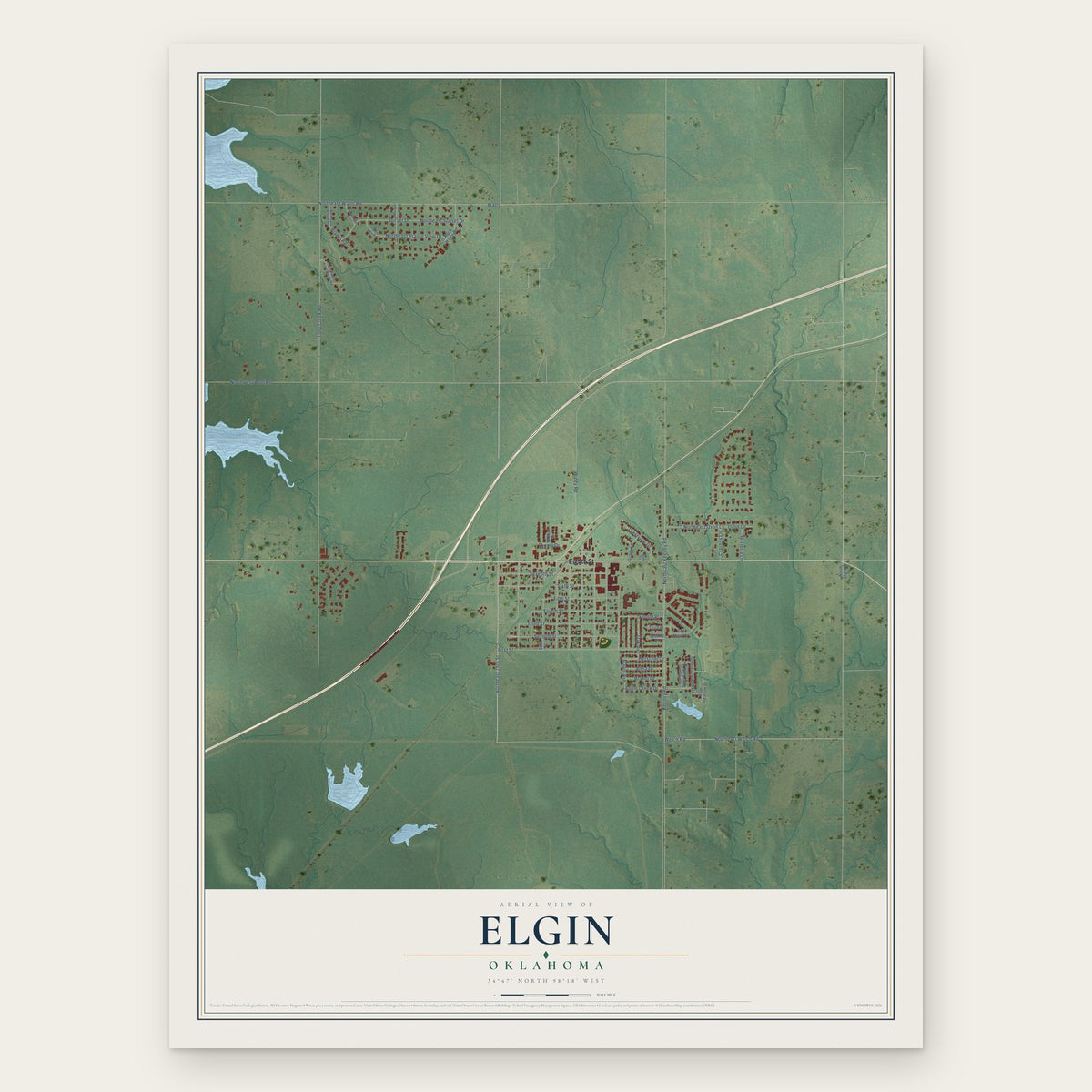 Elgin, Oklahoma map print, the full design