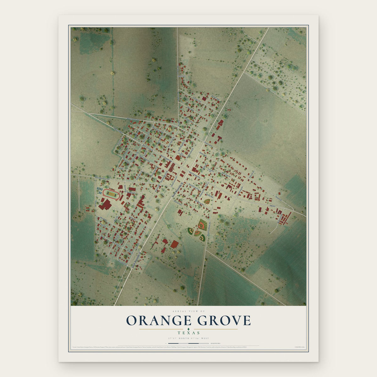 Orange Grove, Texas map print, the full design
