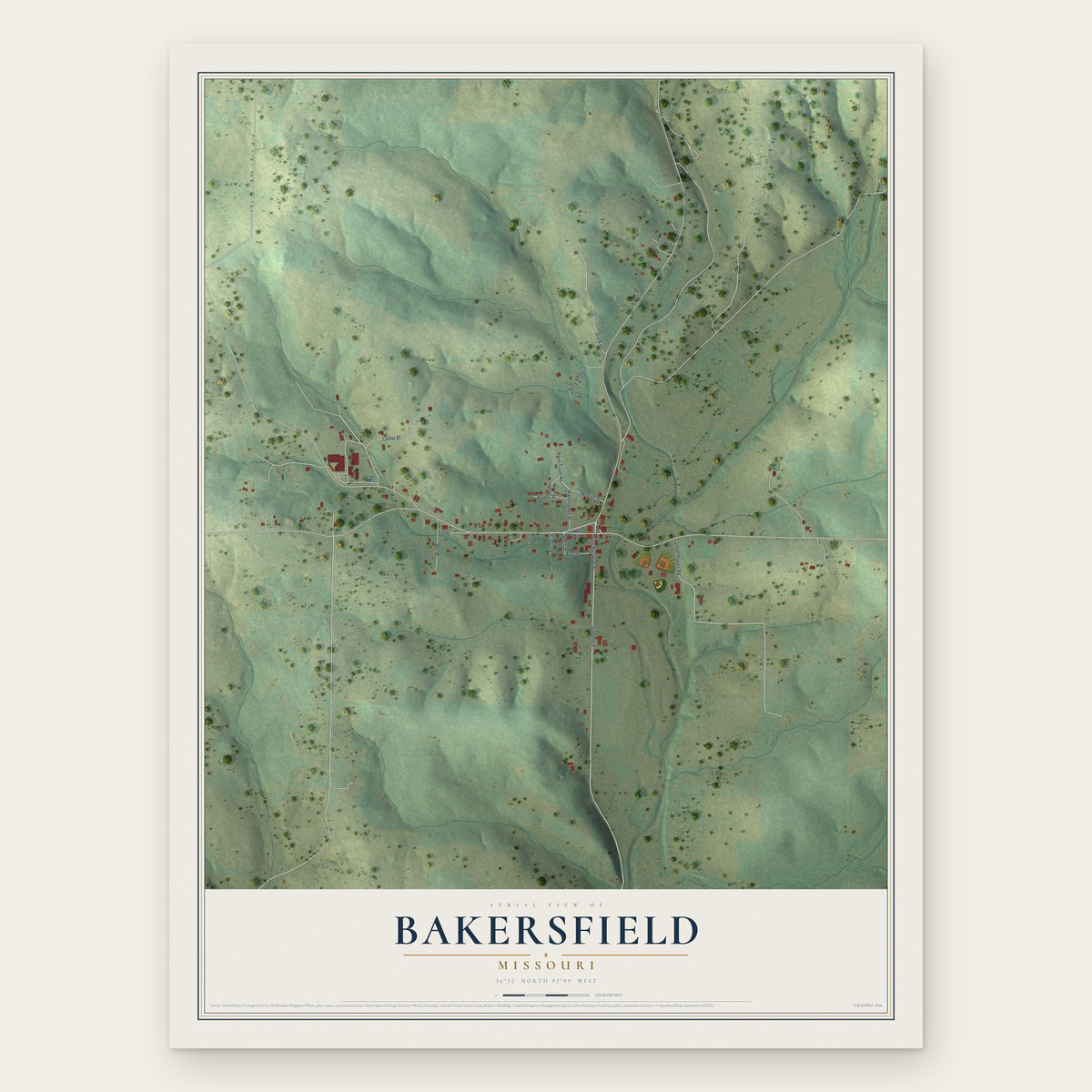 Bakersfield, Missouri map print, the full design