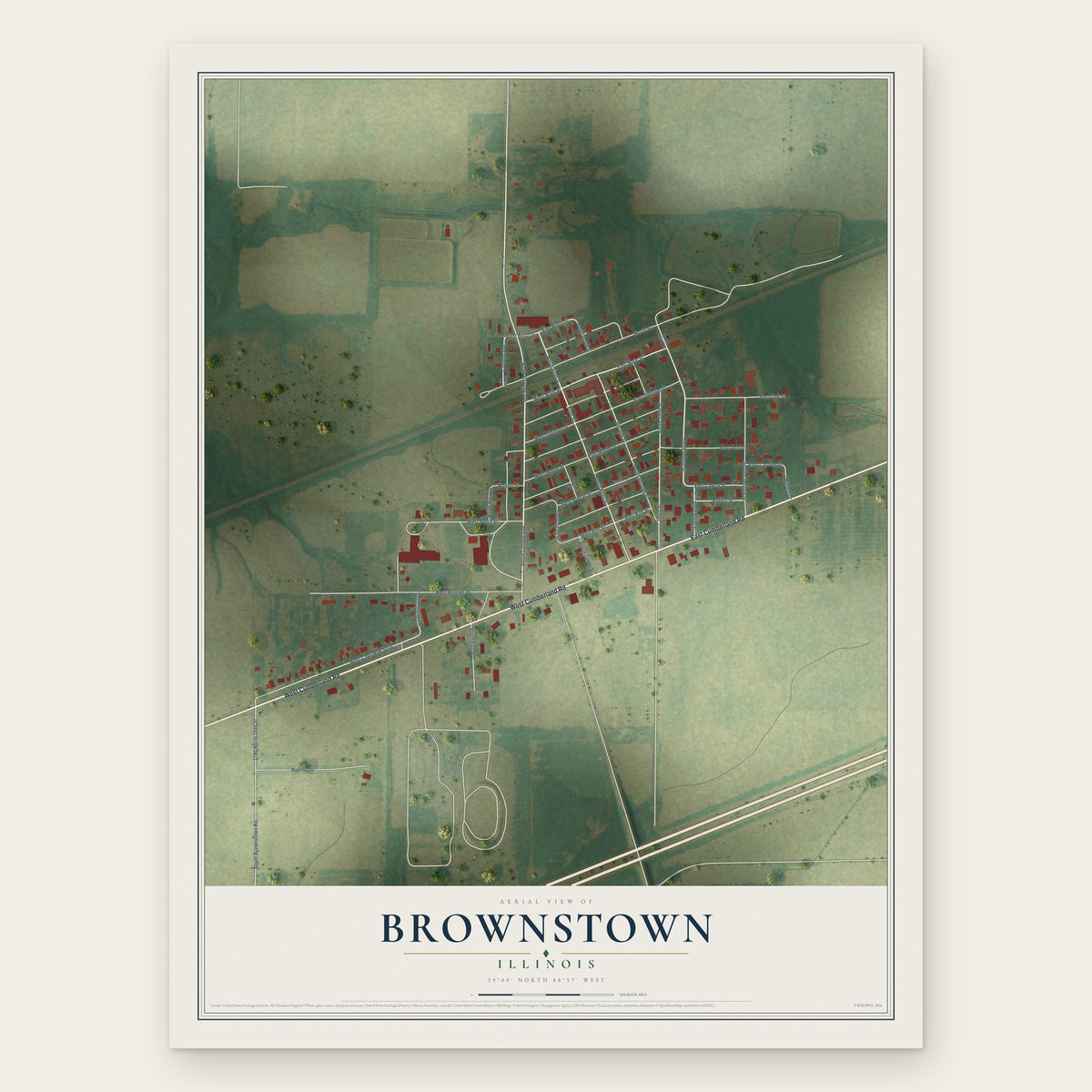 Brownstown, Illinois map print, the full design
