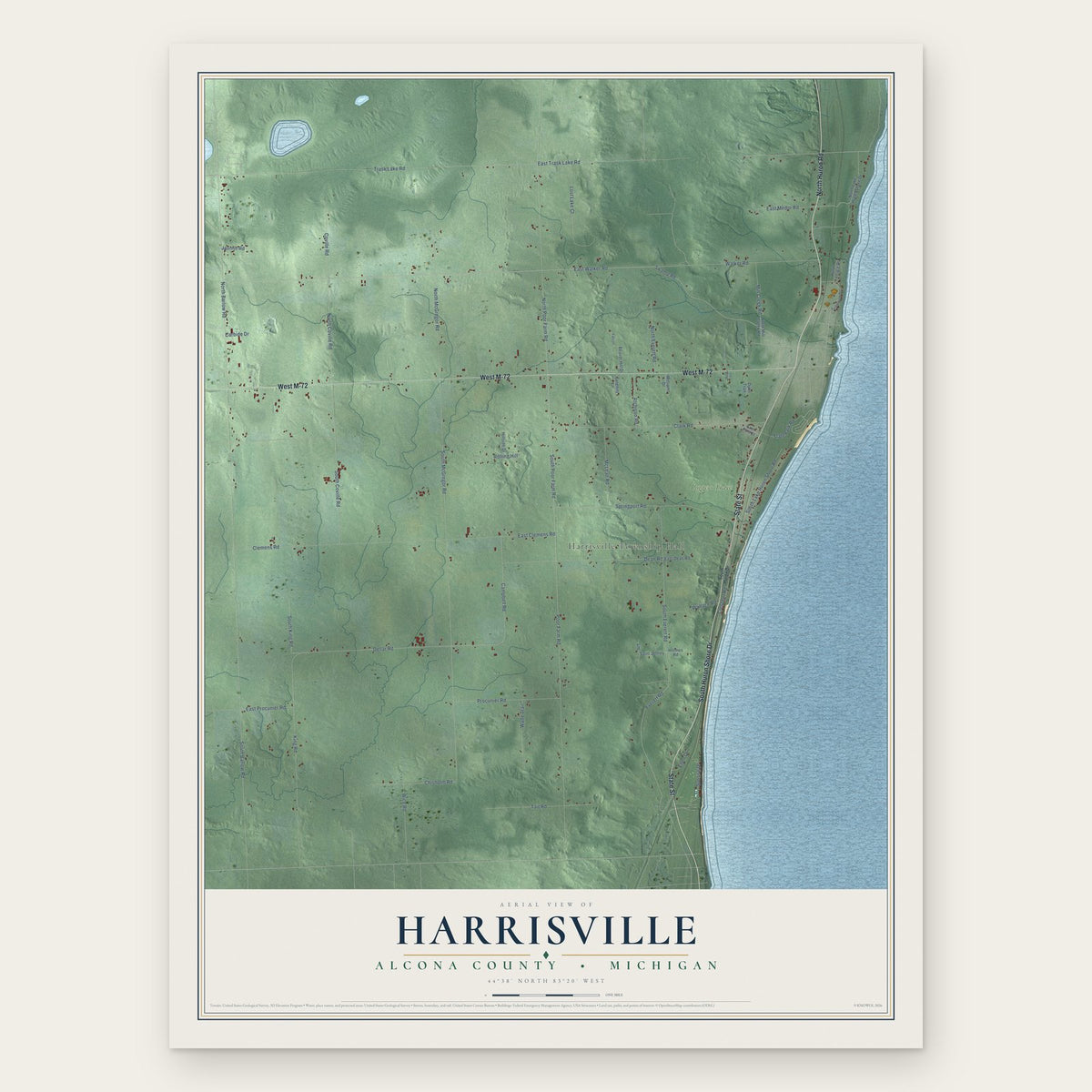 Harrisville, Alcona County, Michigan map print, the full design