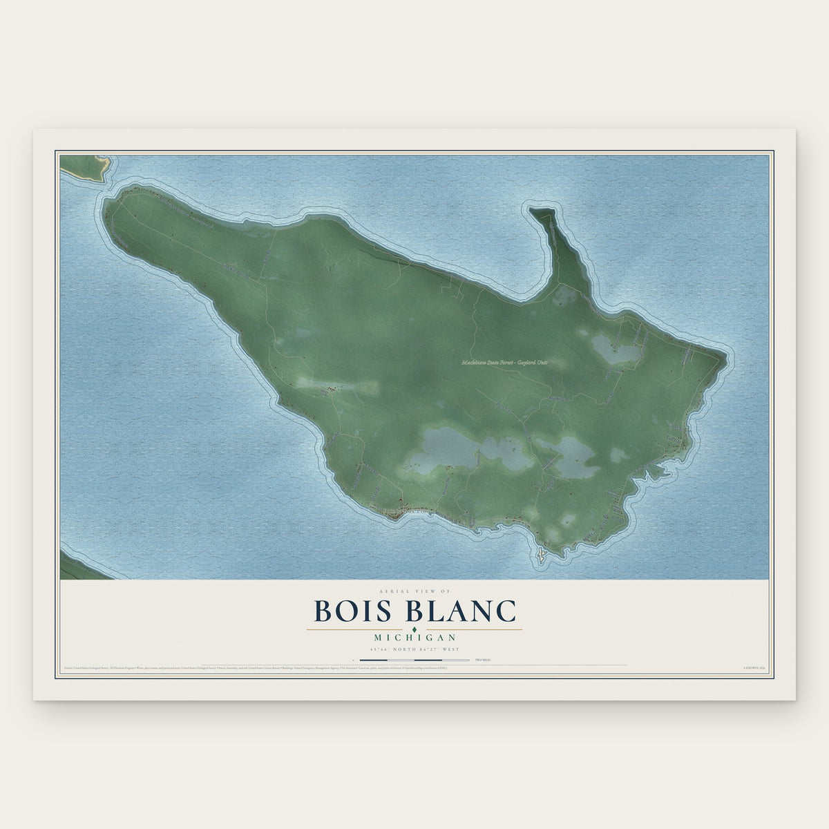 Bois Blanc, Michigan map print, the full design