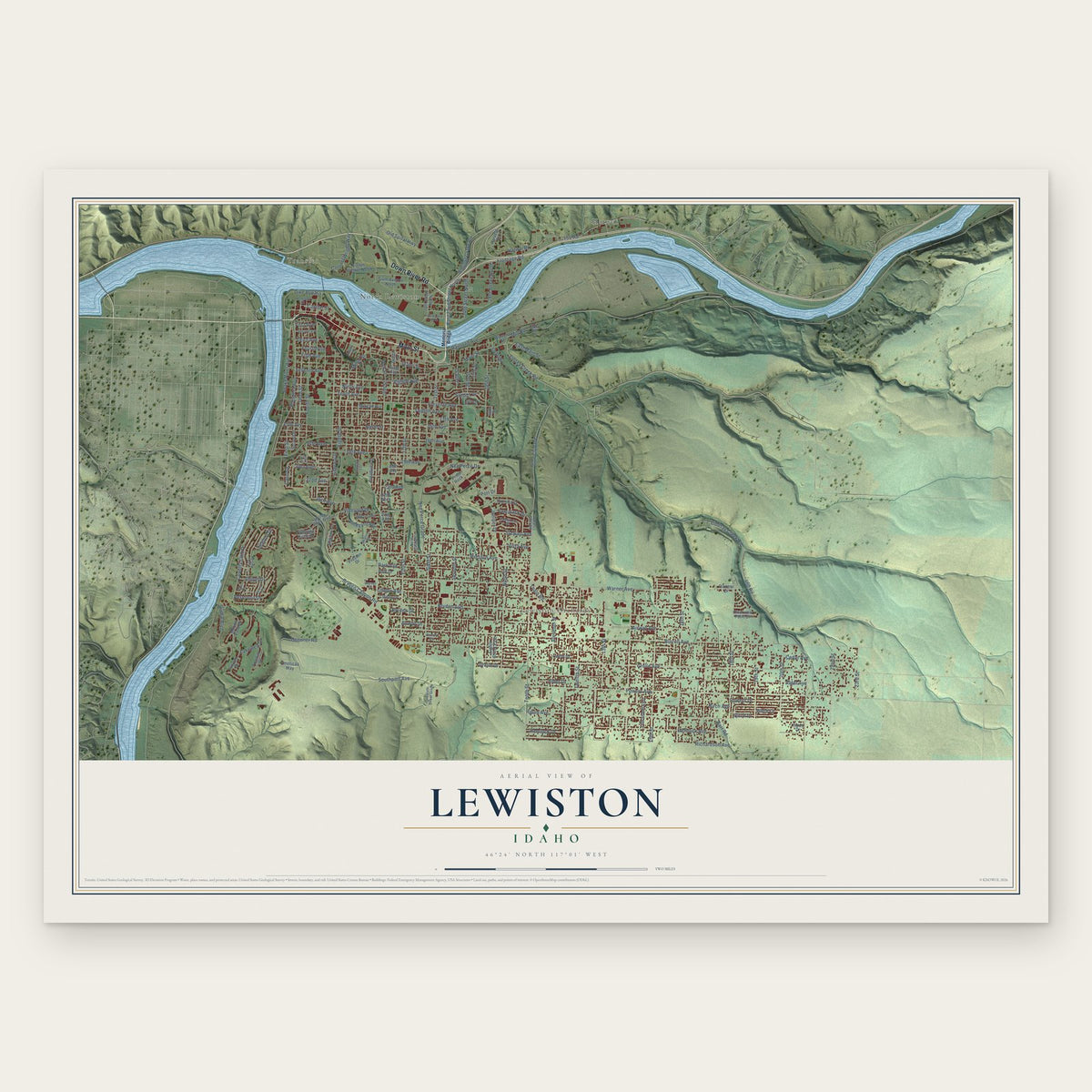 Lewiston, Idaho map print, the full design