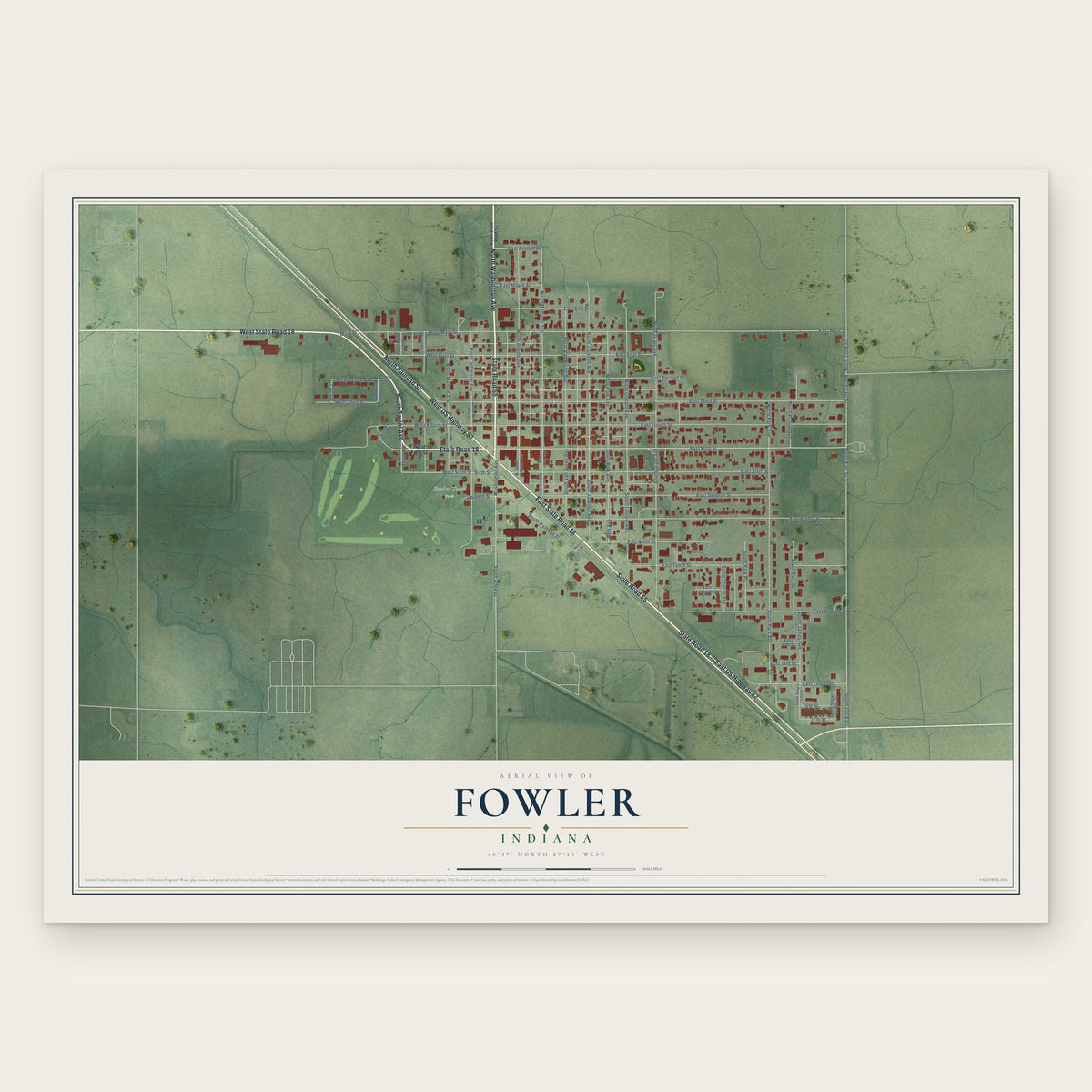 Fowler, Indiana map print, the full design