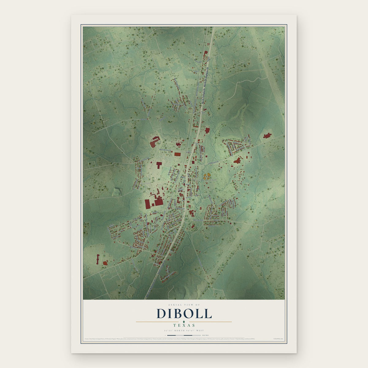 Diboll, Texas map print, the full design