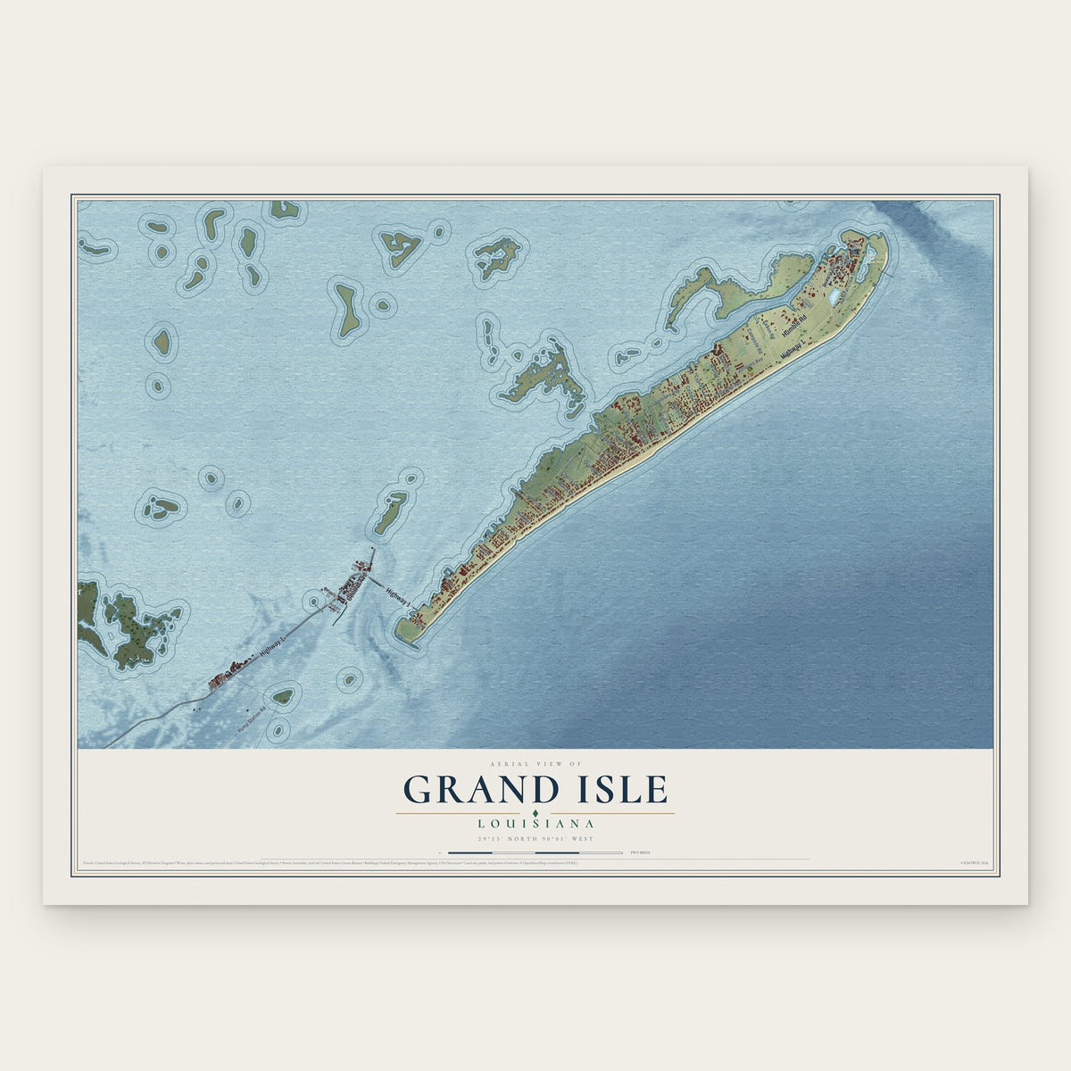 Grand Isle, Louisiana map print, the full design