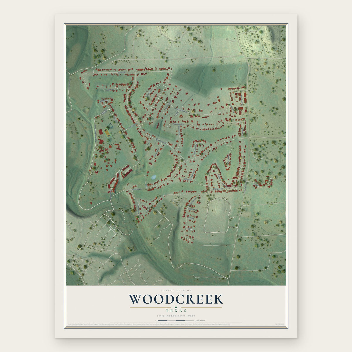 Woodcreek, Texas map print, the full design