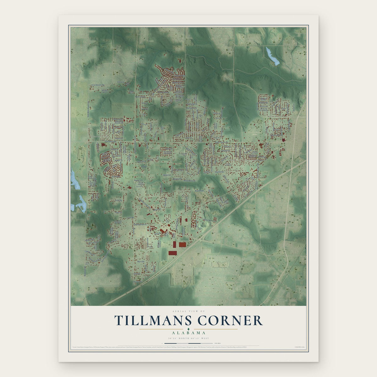 Tillmans Corner, Alabama map print, the full design