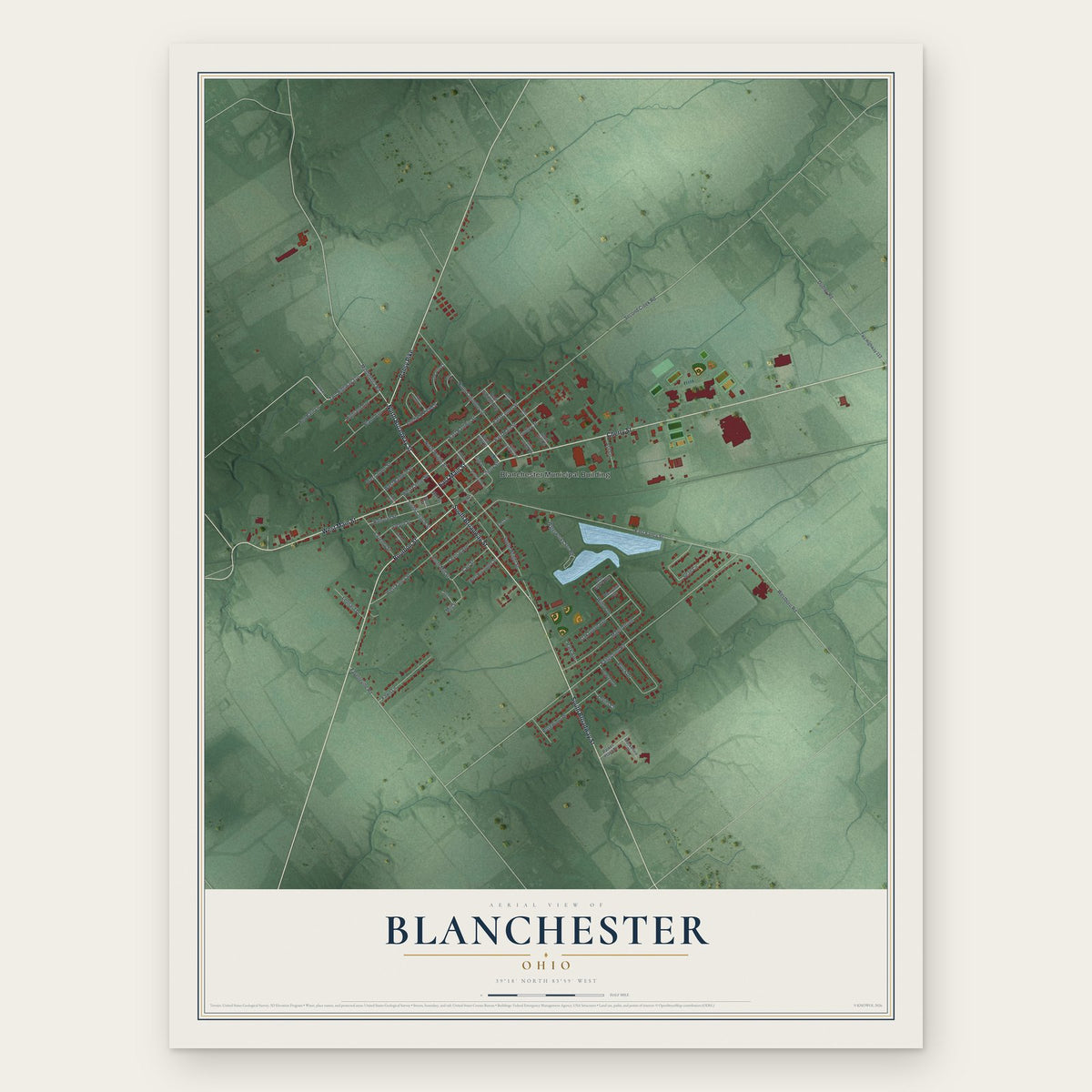 Blanchester, Ohio map print, the full design