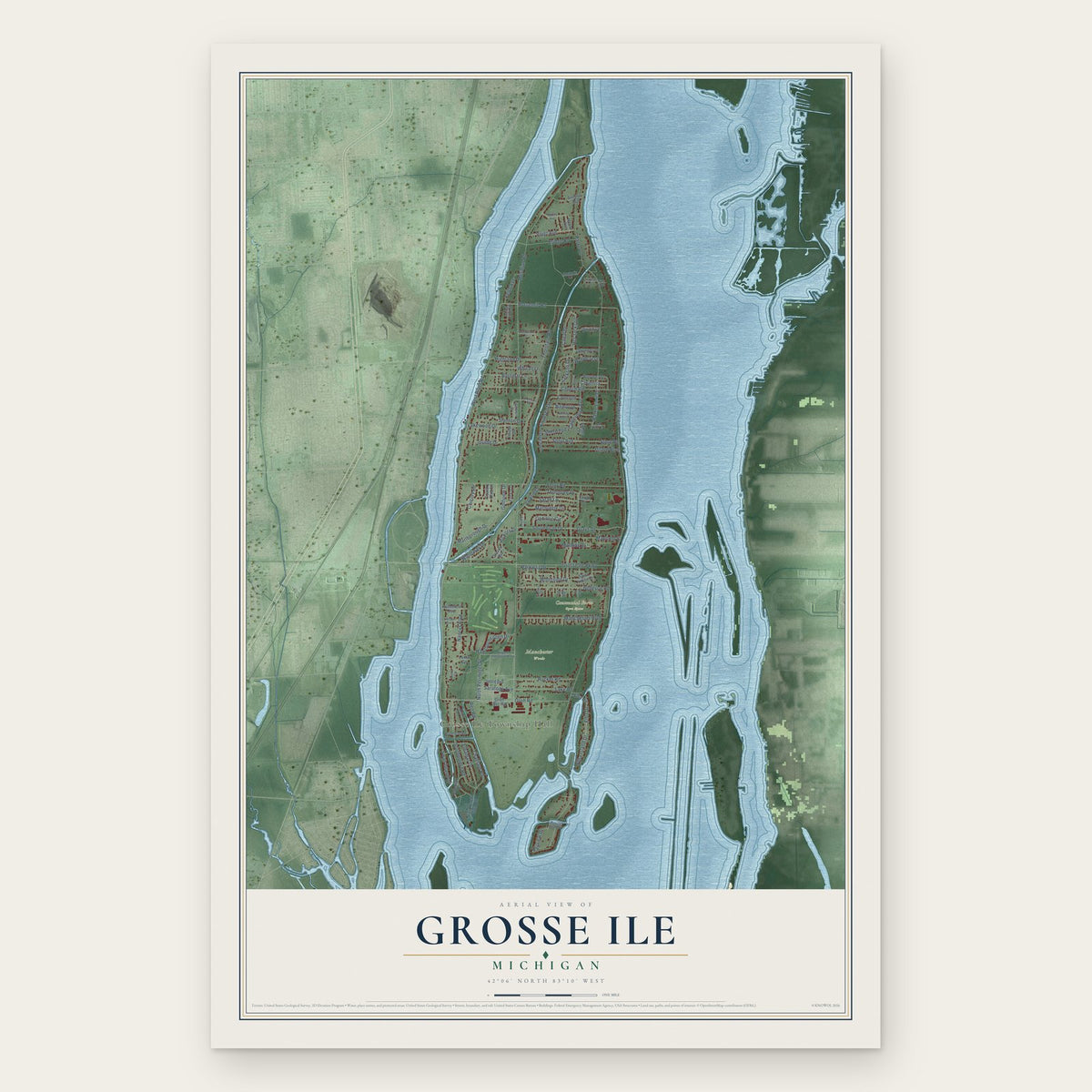 Grosse Ile, Michigan map print, the full design