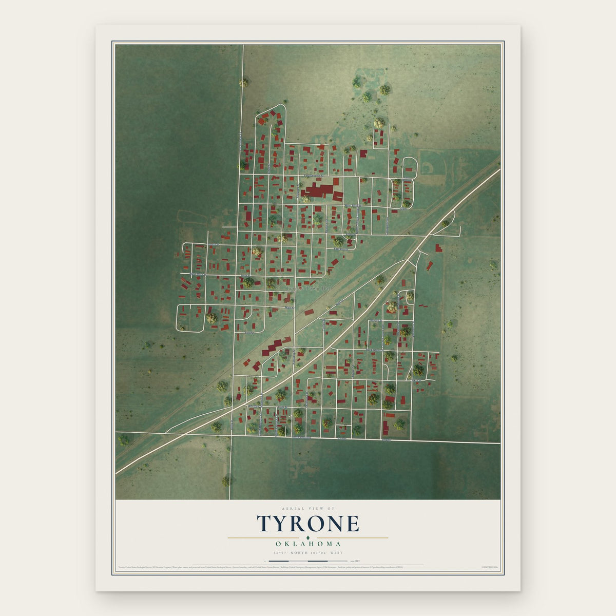 Tyrone, Oklahoma map print, the full design