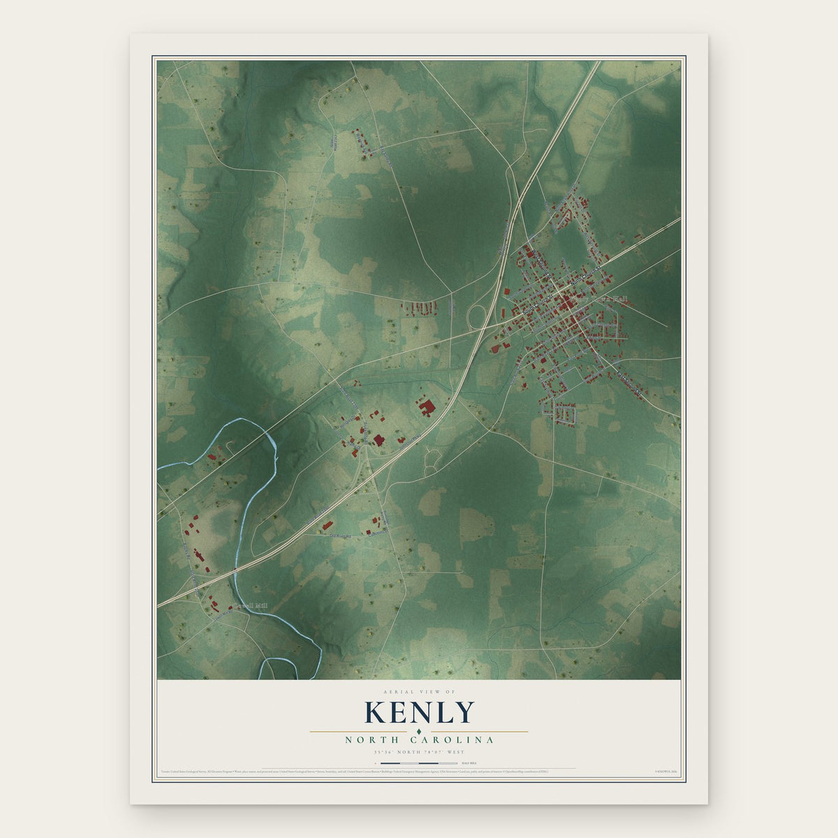 Kenly, North Carolina map print, the full design