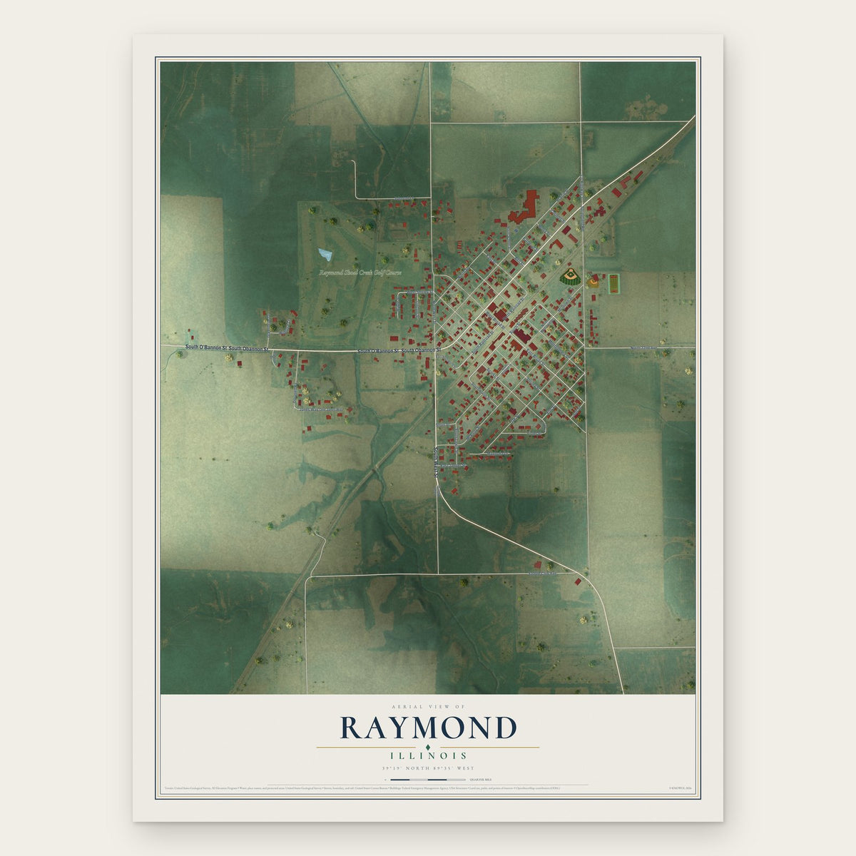 Raymond, Illinois map print, the full design