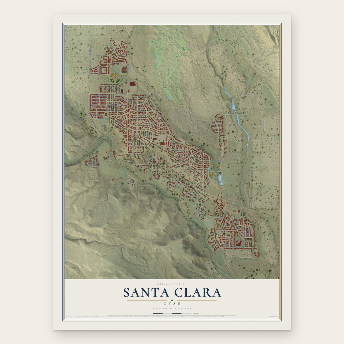 Santa Clara, Utah map print, the full design