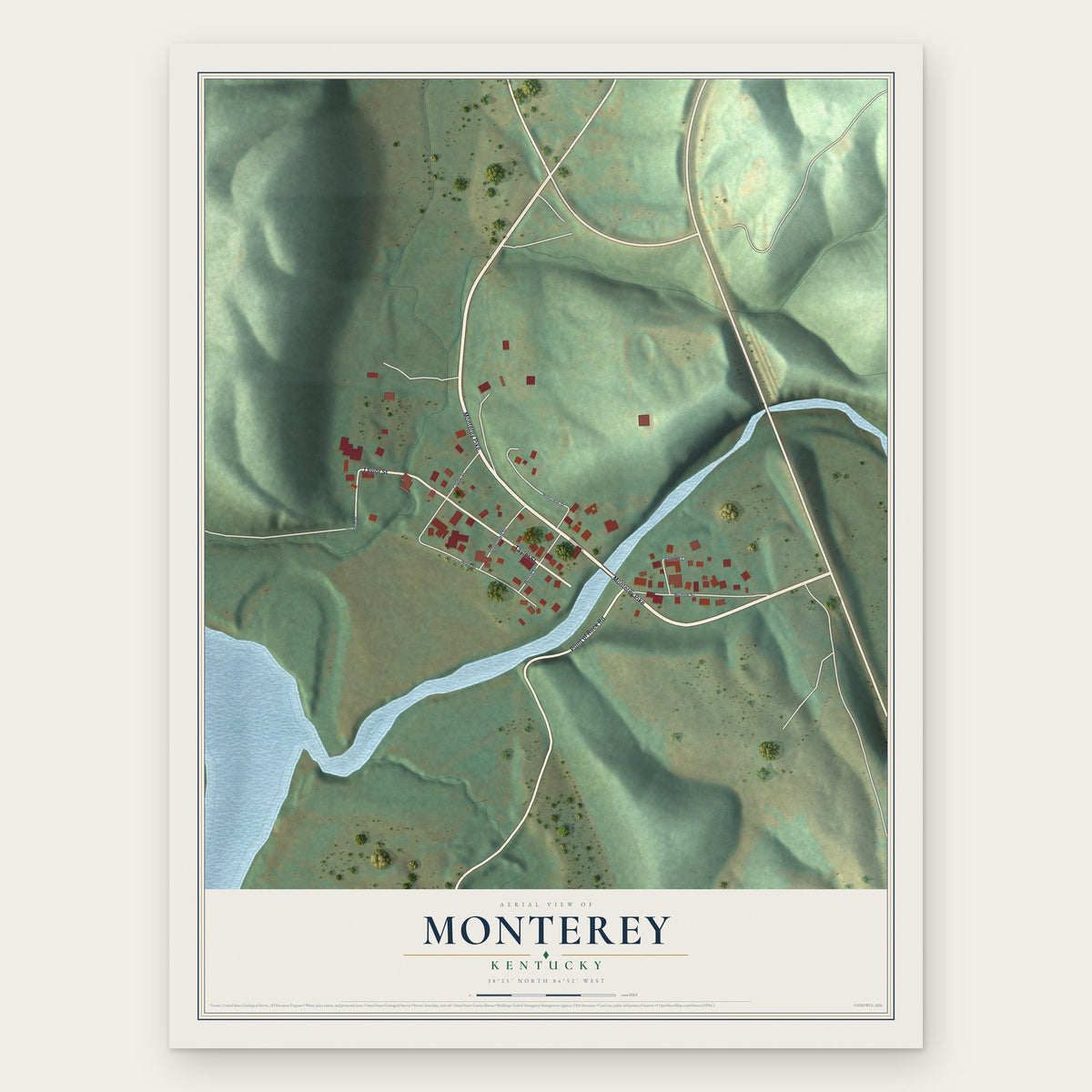 Monterey, Kentucky map print, the full design