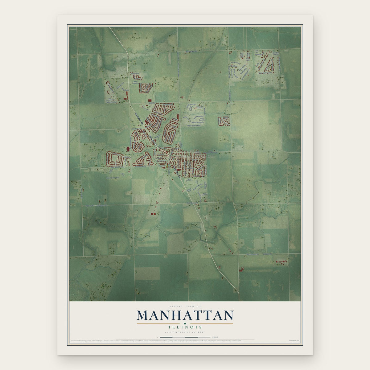 Manhattan, Illinois map print, the full design