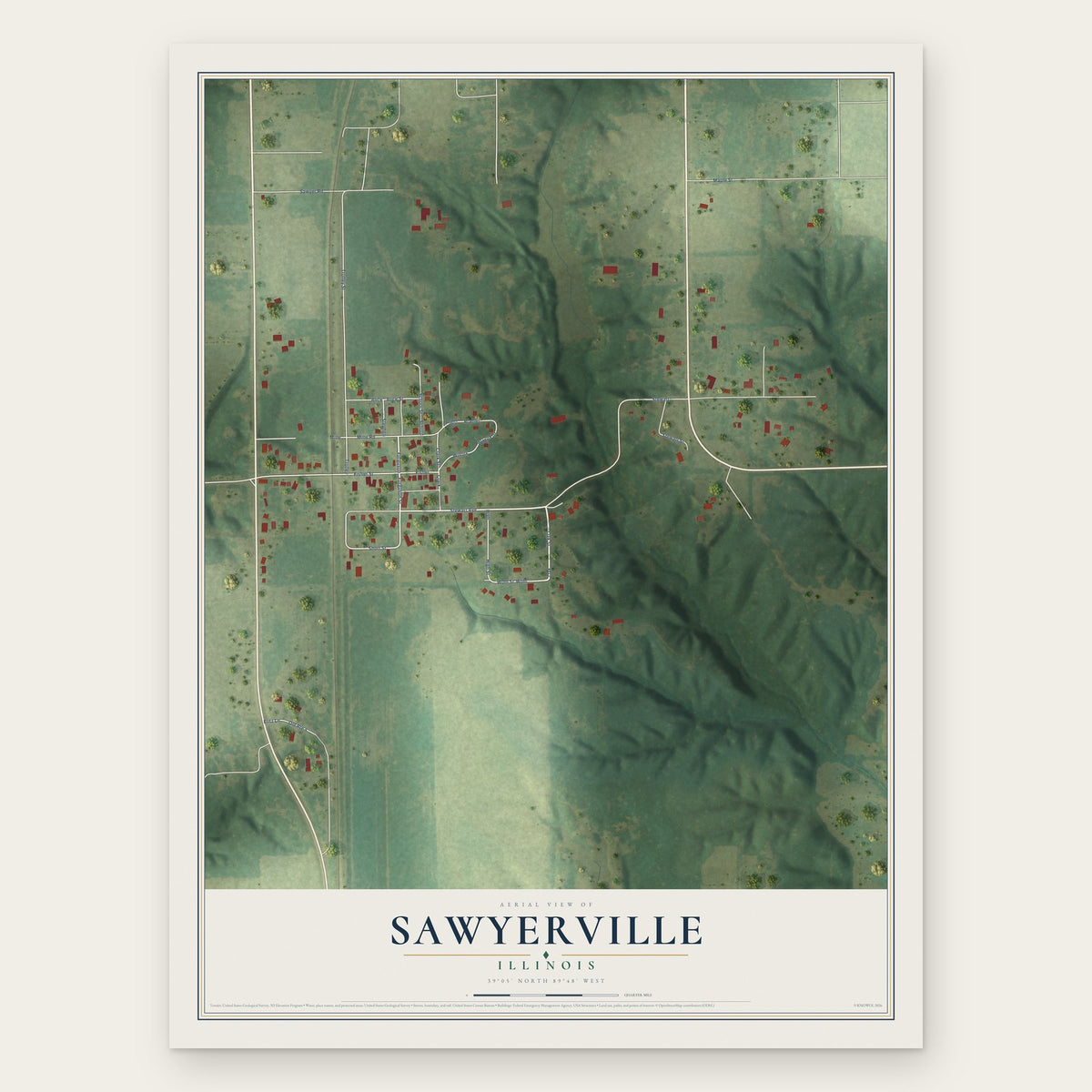 Sawyerville, Illinois map print, the full design