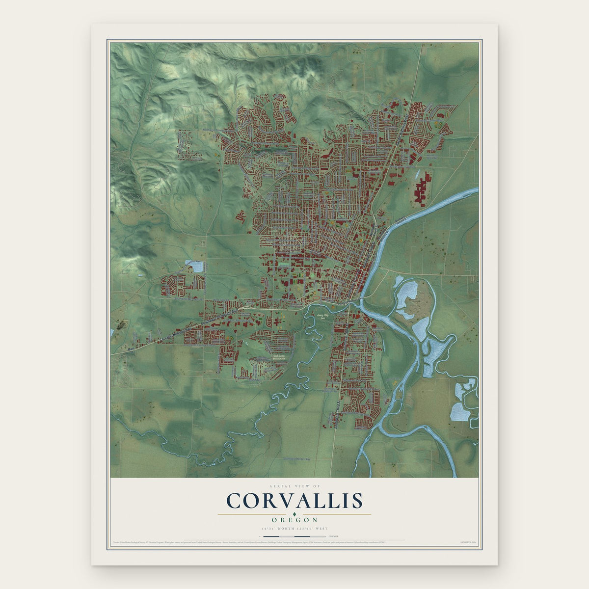 Corvallis, Oregon map print, the full design