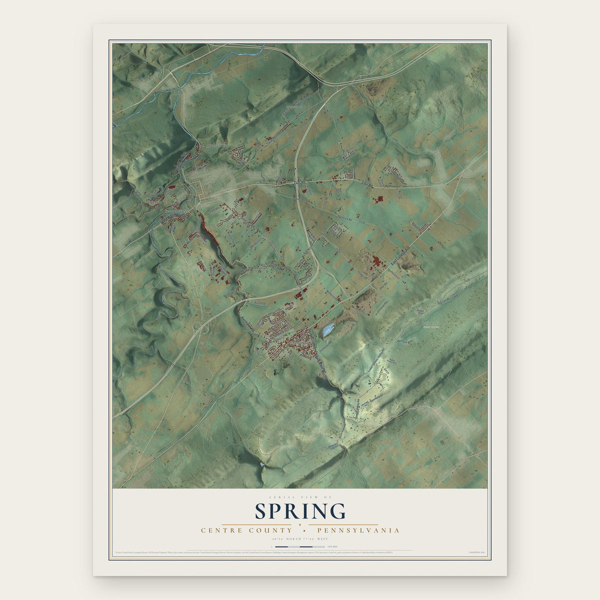 Spring, Centre County, Pennsylvania map print, the full design