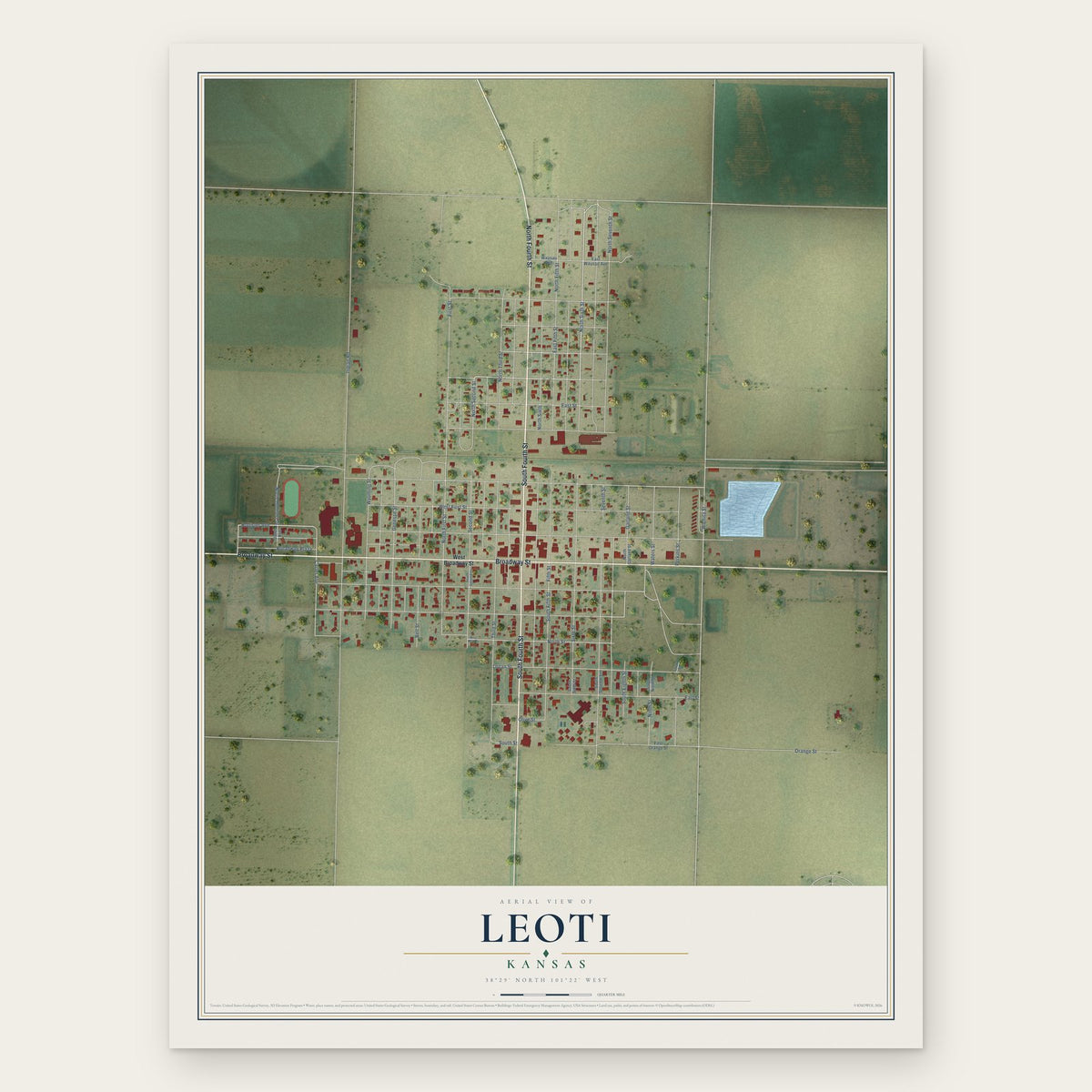 Leoti, Kansas map print, the full design