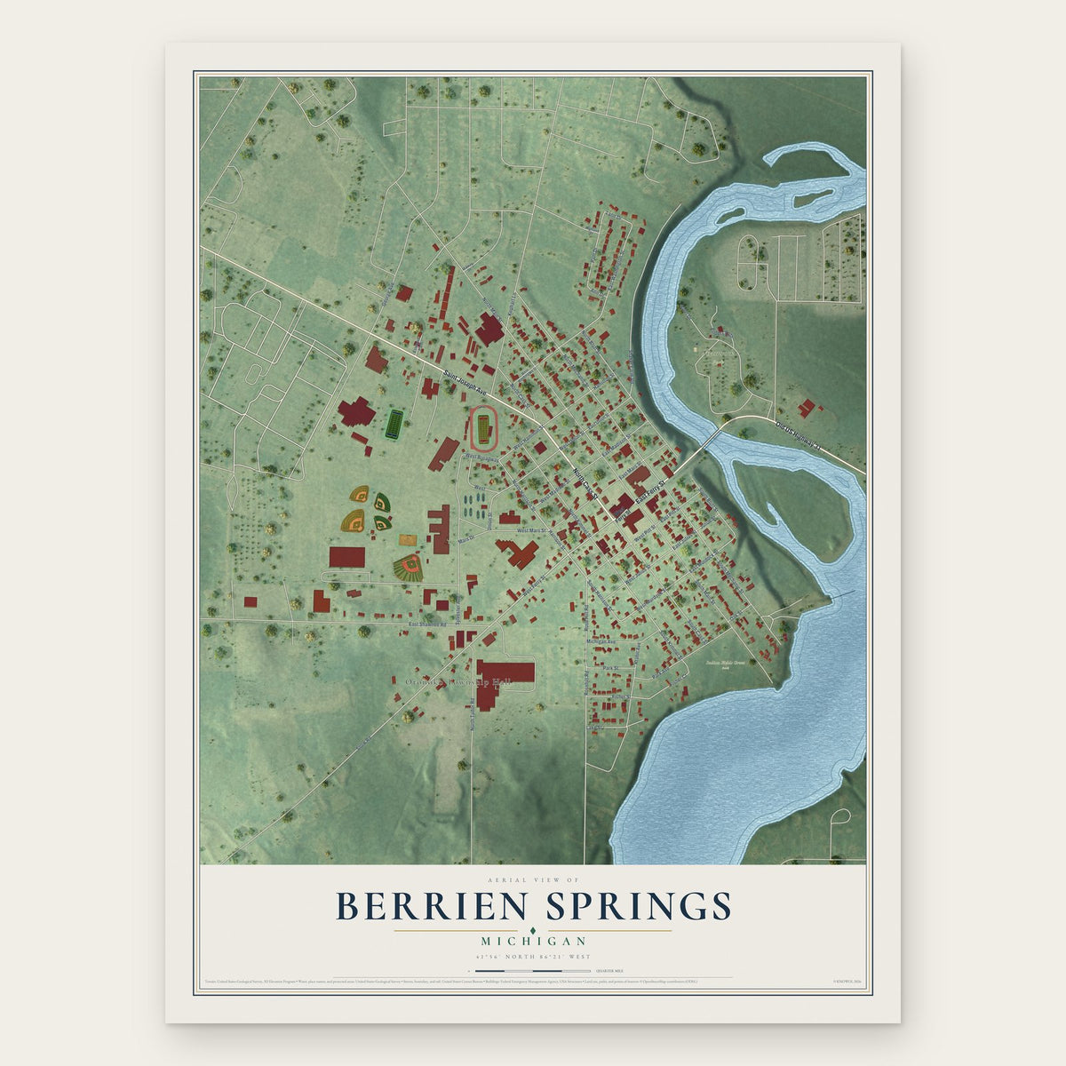 Berrien Springs, Michigan map print, the full design