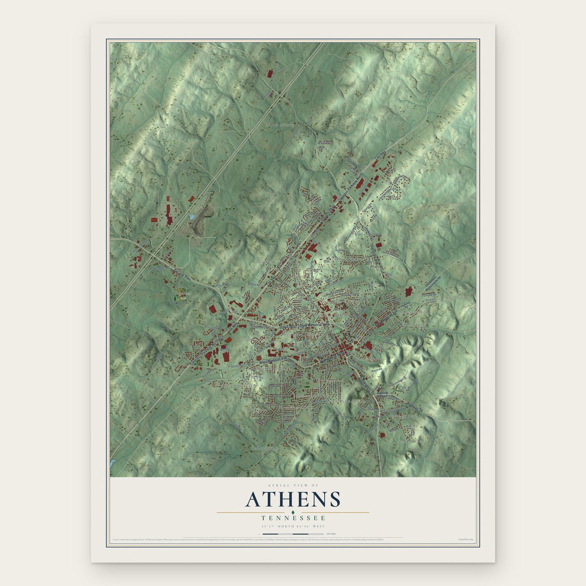 Athens, Tennessee map print, the full design