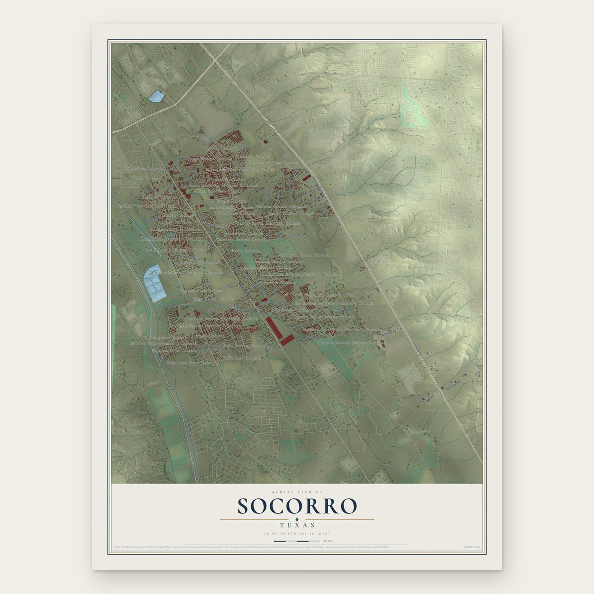 Socorro, Texas map print, the full design