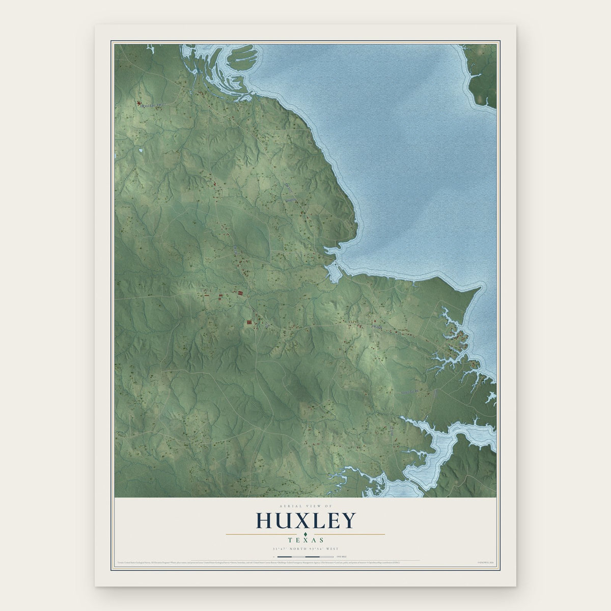 Huxley, Texas map print, the full design