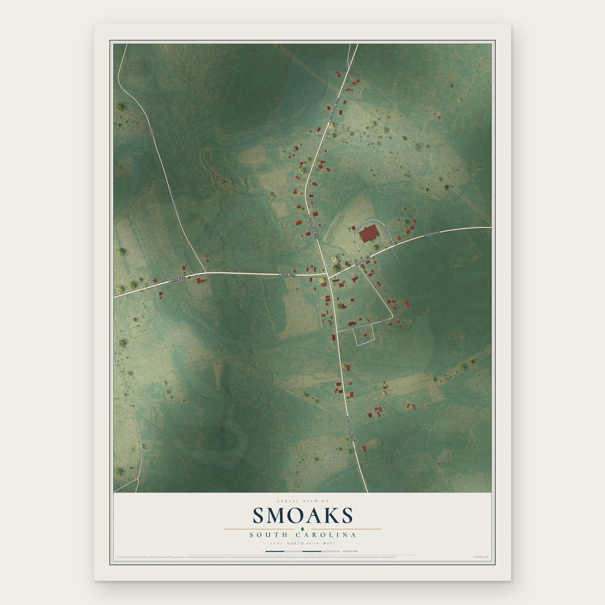 Smoaks, South Carolina map print, the full design