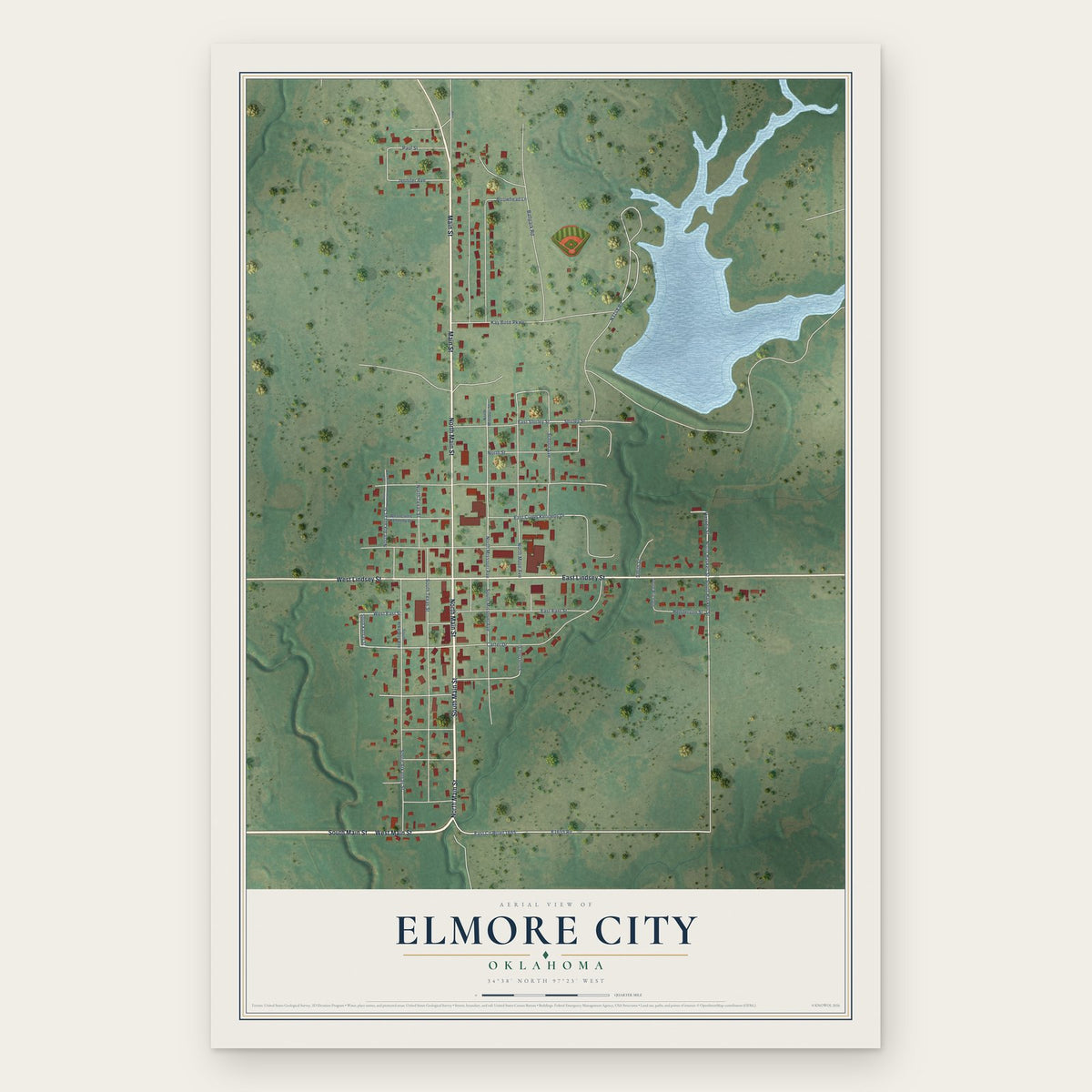 Elmore City, Oklahoma map print, the full design