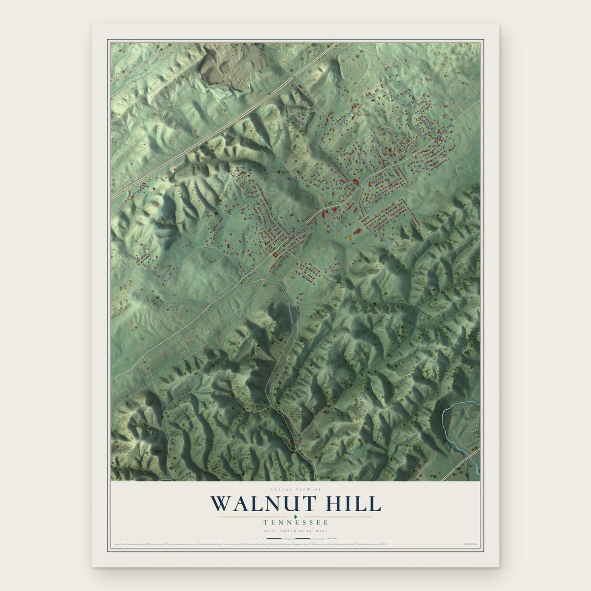 Walnut Hill, Tennessee map print, the full design