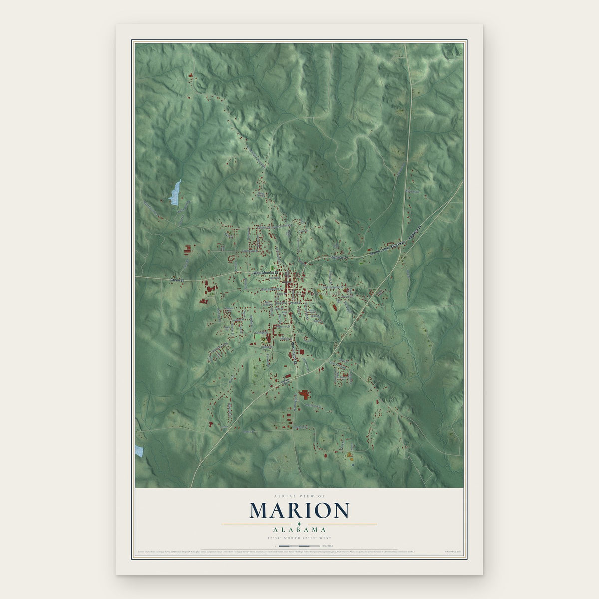 Marion, Alabama map print, the full design
