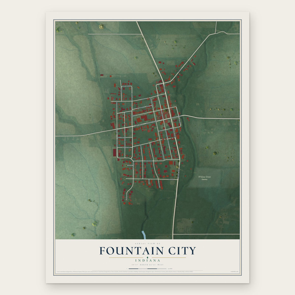 Fountain City, Indiana map print, the full design
