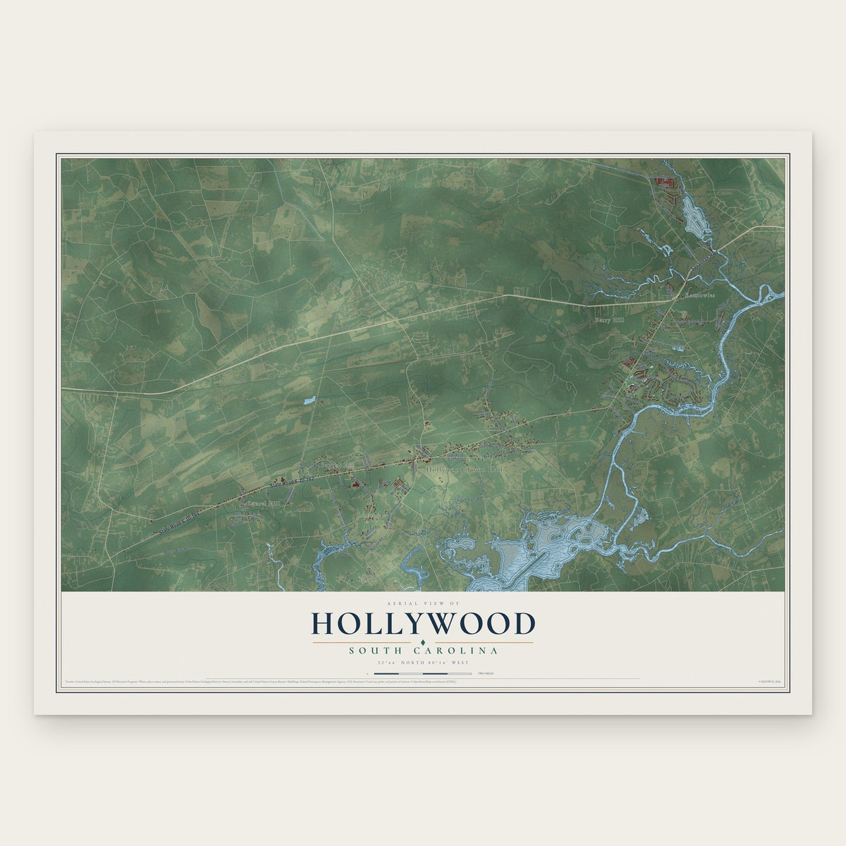 Hollywood, South Carolina map print, the full design