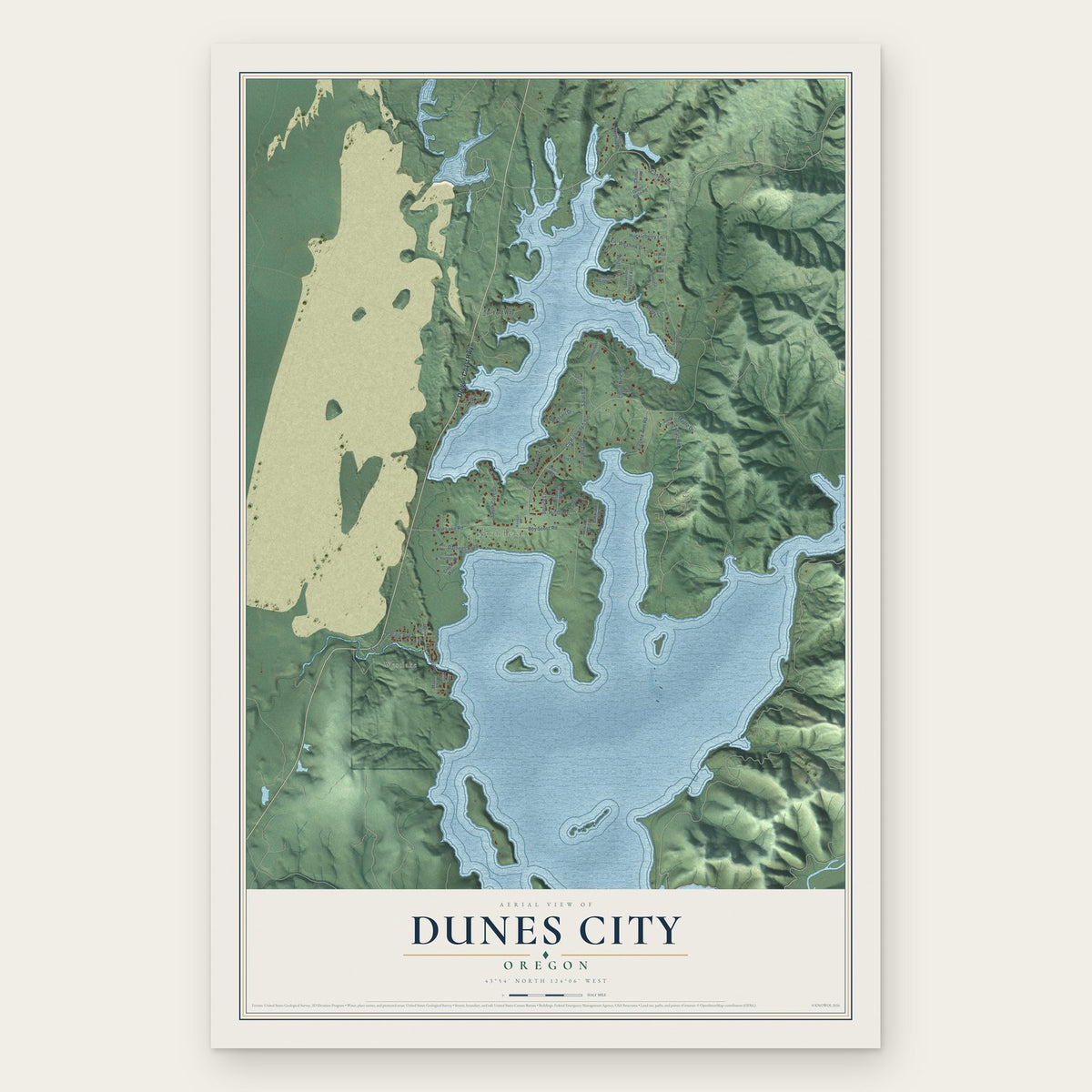 Dunes City, Oregon map print, the full design