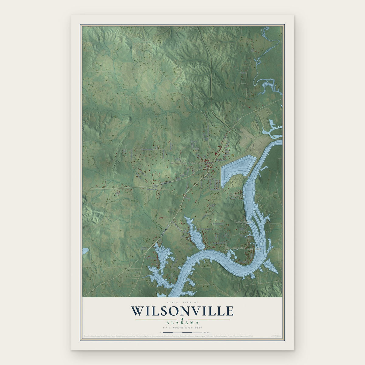 Wilsonville, Alabama map print, the full design