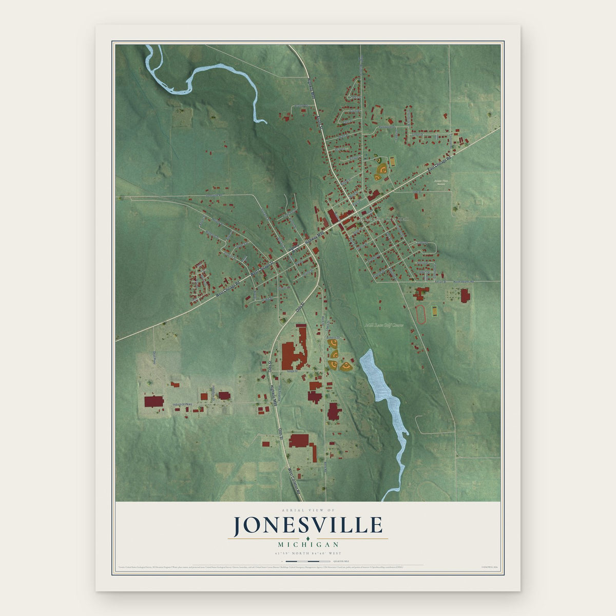 Jonesville, Michigan map print, the full design