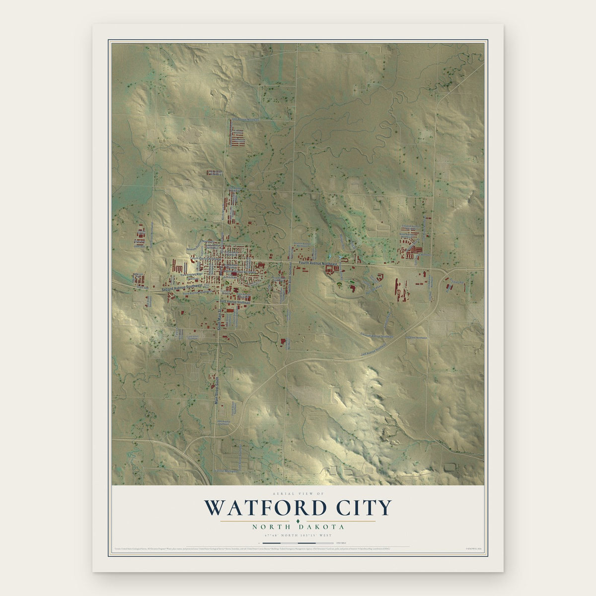 Watford City, North Dakota map print, the full design