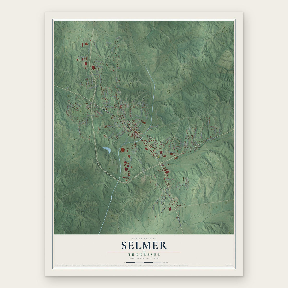 Selmer, Tennessee map print, the full design
