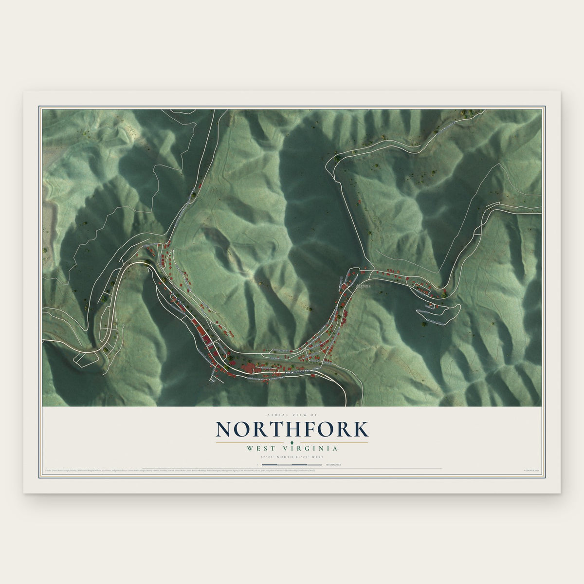 Northfork, West Virginia map print, the full design
