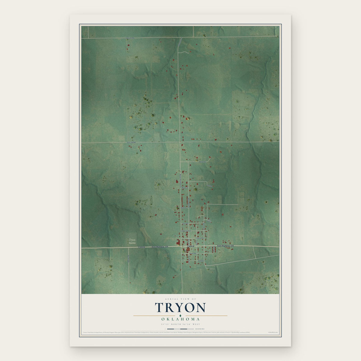 Tryon, Oklahoma map print, the full design