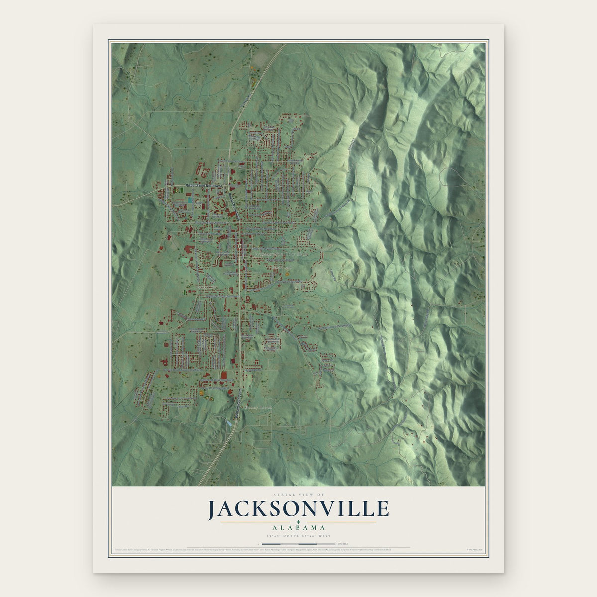 Jacksonville, Alabama map print, the full design