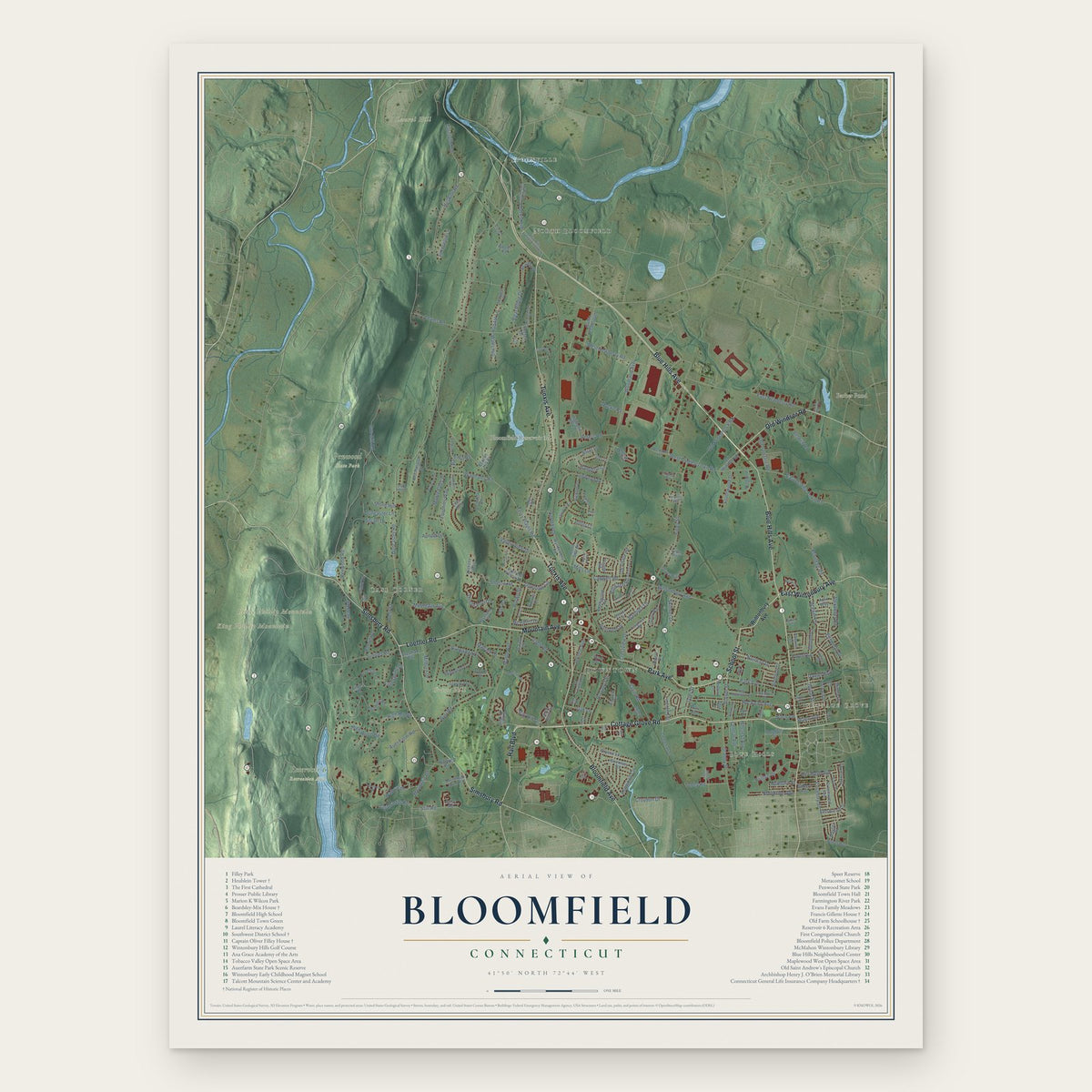 Bloomfield, Connecticut map print, the full design
