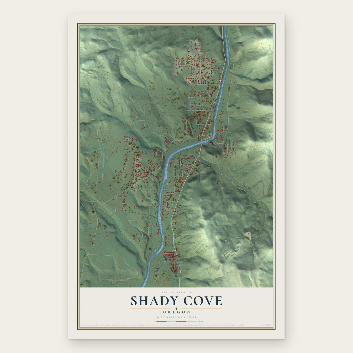 Shady Cove, Oregon map print, the full design