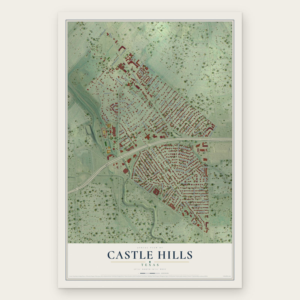 Castle Hills, Texas map print, the full design