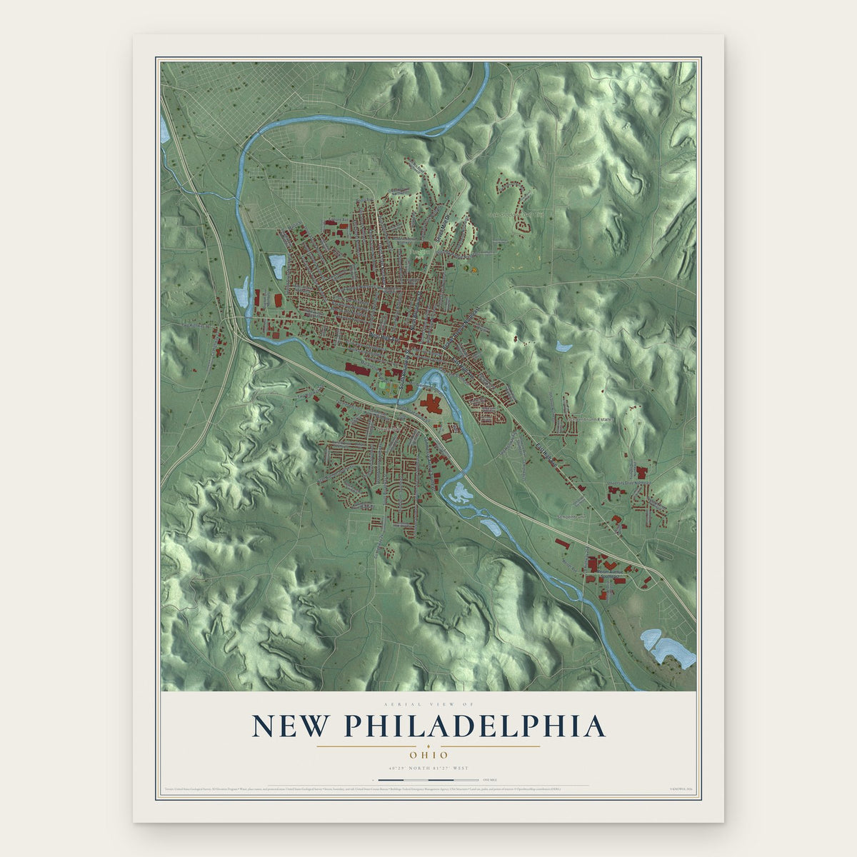 New Philadelphia, Ohio map print, the full design
