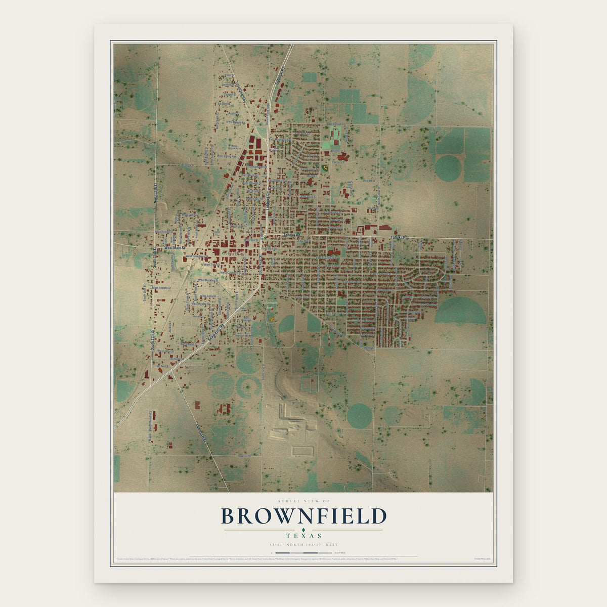 Brownfield, Texas map print, the full design